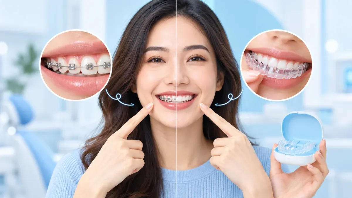 Ilustrasi perbandingan perawatan behel dan clear aligner
