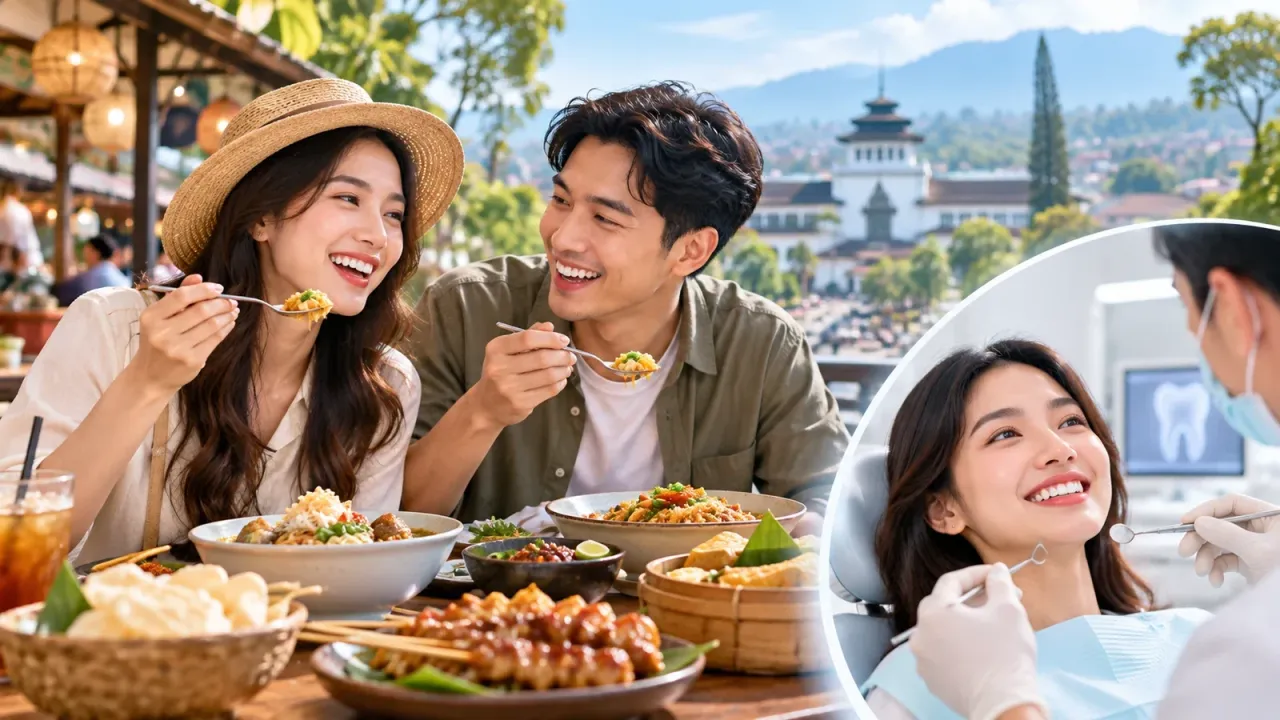 Wisatawan menikmati kuliner Bandung dan ilustrasi konsultasi kesehatan gigi
