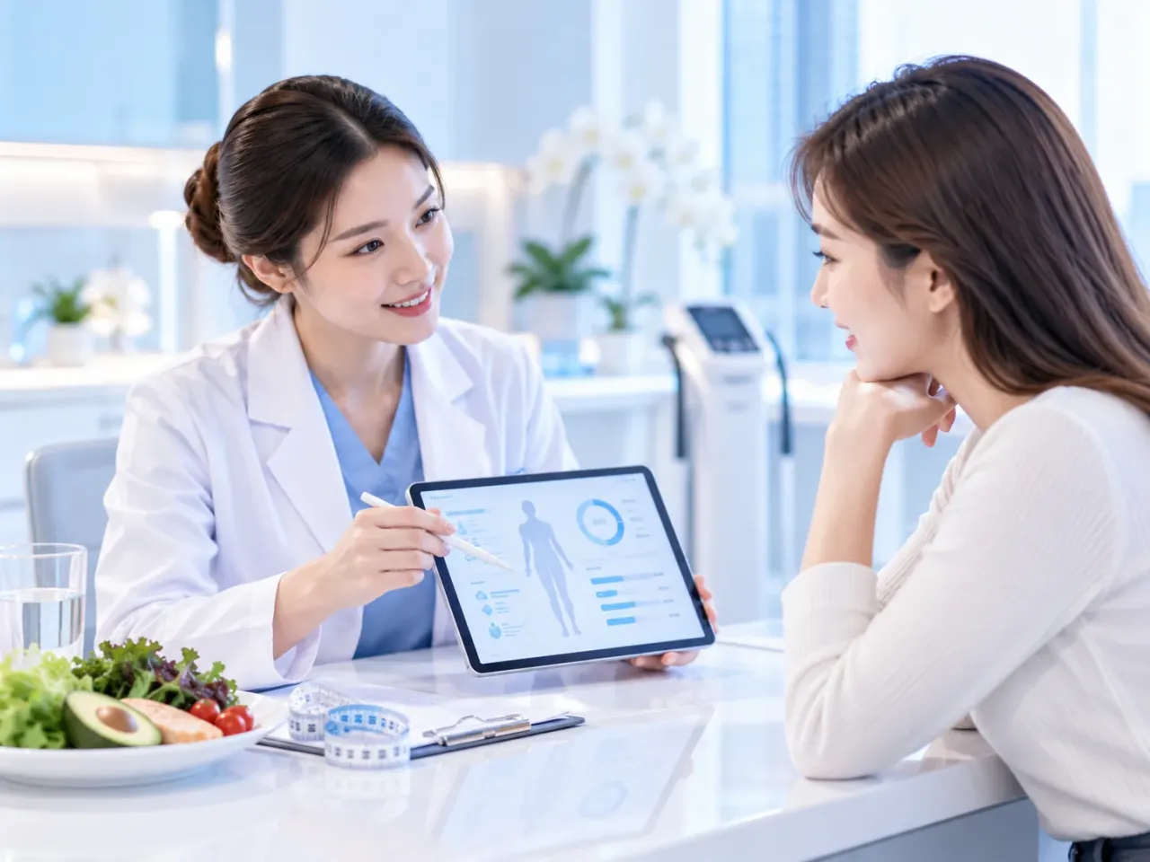 Ilustrasi konsultasi dokter dan pasien menggunakan tablet di klinik