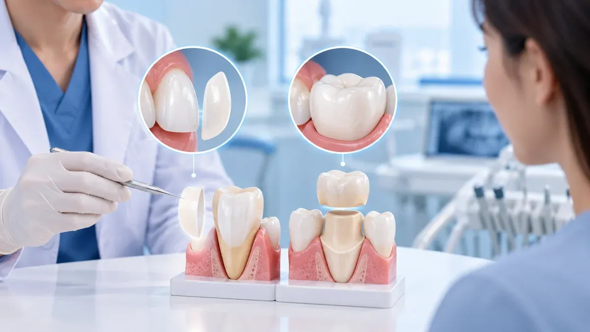 Ilustrasi pilihan restorasi veneer dan crown gigi